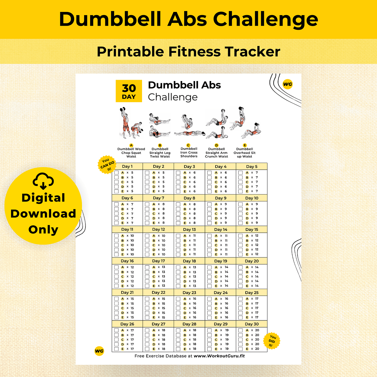 30 Day Dumbbell Abs Challenge - Printable Workout Tracker | Workout Guru