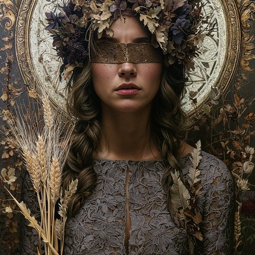 She sees without sight. Blindfolded in gold, she walks the threshold between worlds, her crown of ancient flowers marking her...