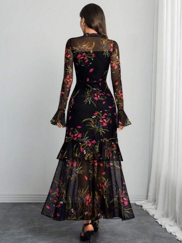 Women's Gothic Elegant Sexy Mesh Patchwork Colorful Floral Print Retro Flare Sleeve Ruffle Hem Layered Dress Vacation product image (7)