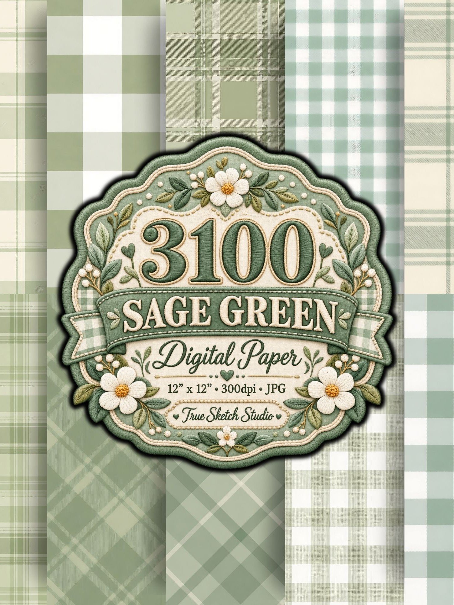 3100 Sage Green Digital Paper Bundle, Floral Botanical Scrapbook Paper, Daisy Gingham Designs, 12x12 JPG, Printable Junk Journal Backgrounds product image (3)