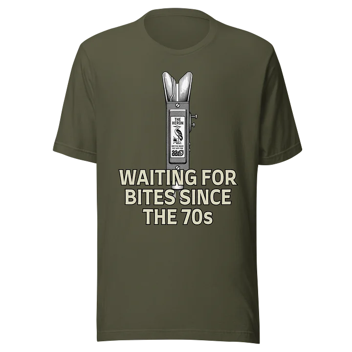 Heron Bite Indicator “ Waiting For Bites Since The 70s” T-Shirt (Khaki) product image (1)