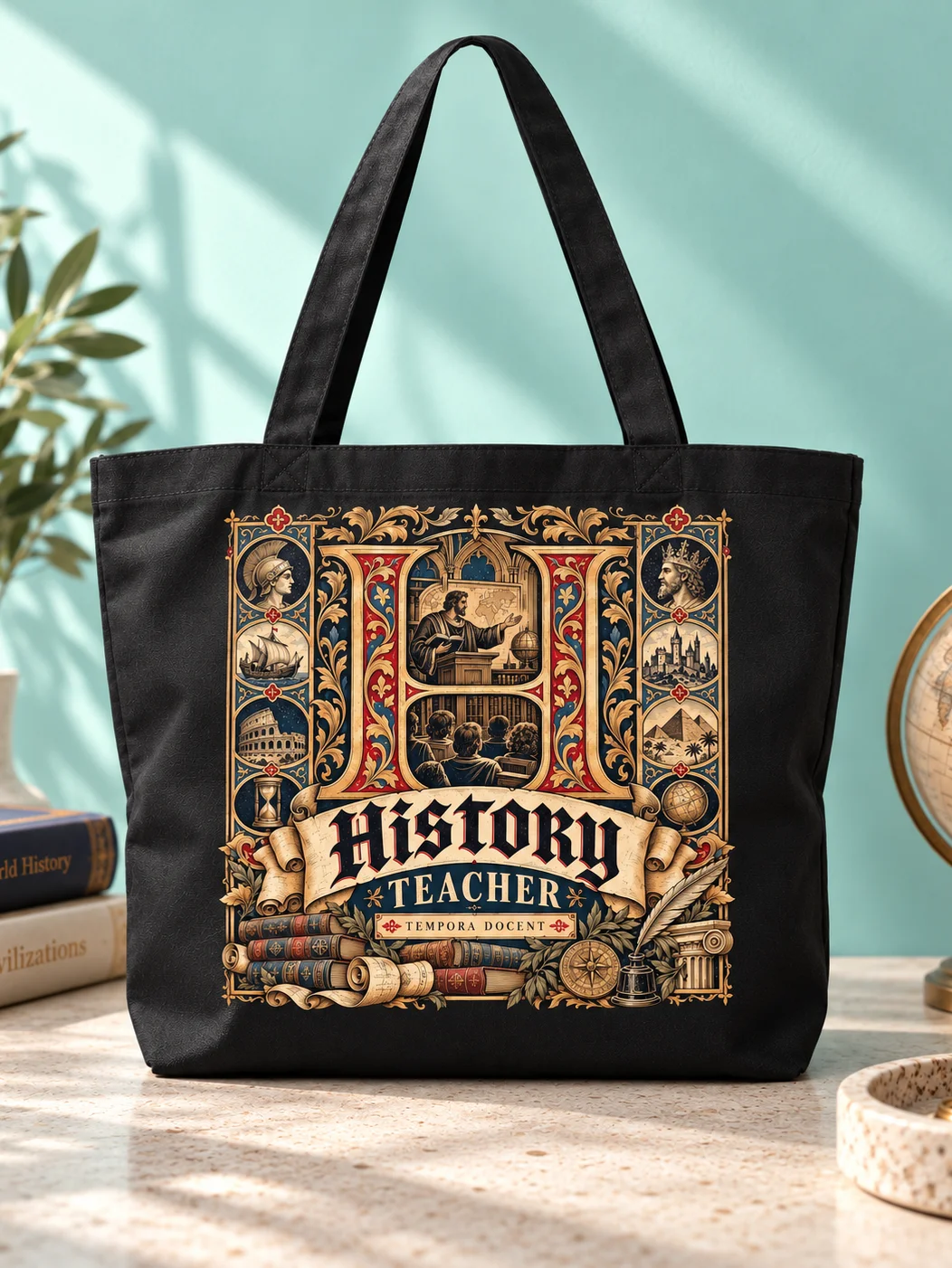 History Teacher Emblem Two-Sided Tote Bag, Black Organic Cotton Twill product image (1)