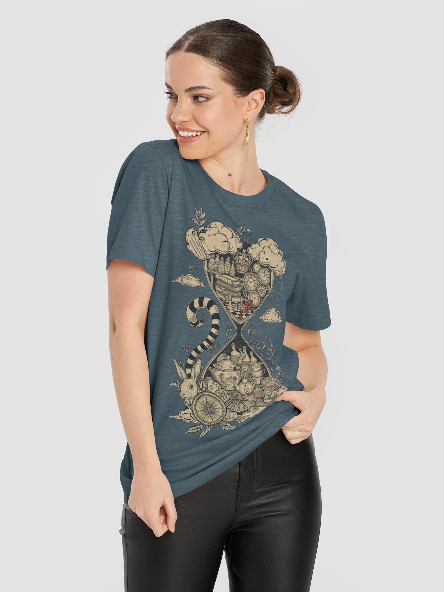 Alice in Wonderland Hourglass Tee, Surreal White Rabbit Graphic Shirt product image (12)