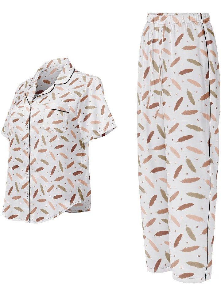 Mocha Mousse Feathers Ladies Short Sleeve Pajama Set product image (1)