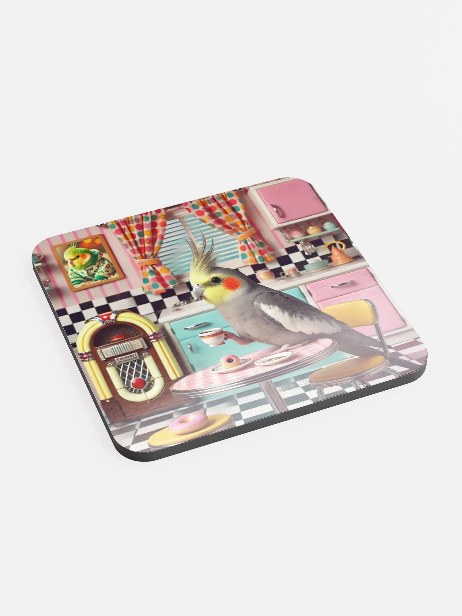 Perch & Sip – Glossed Cork Coaster with Parakeet Art 6 product image (2)