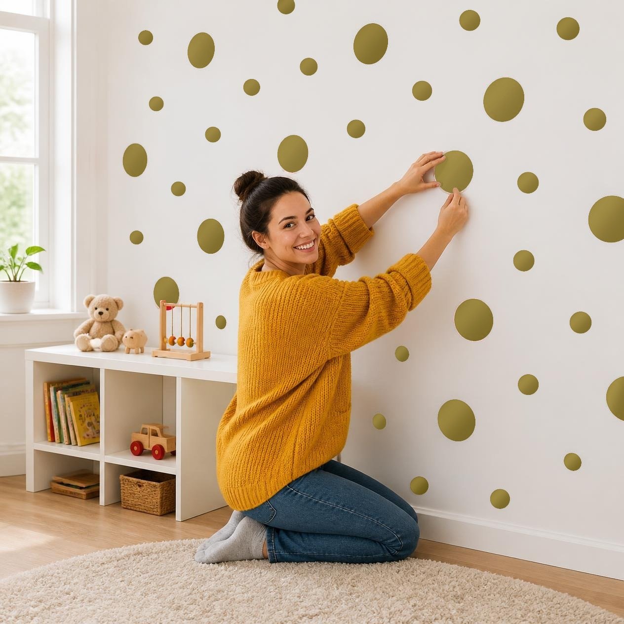 Metallic Gold Polka Dot Wall Decals, 2" and 4" Vinyl Circle Stickers, Removable Dot Decals for Nursery, Kids Room, Playroom product image (2)