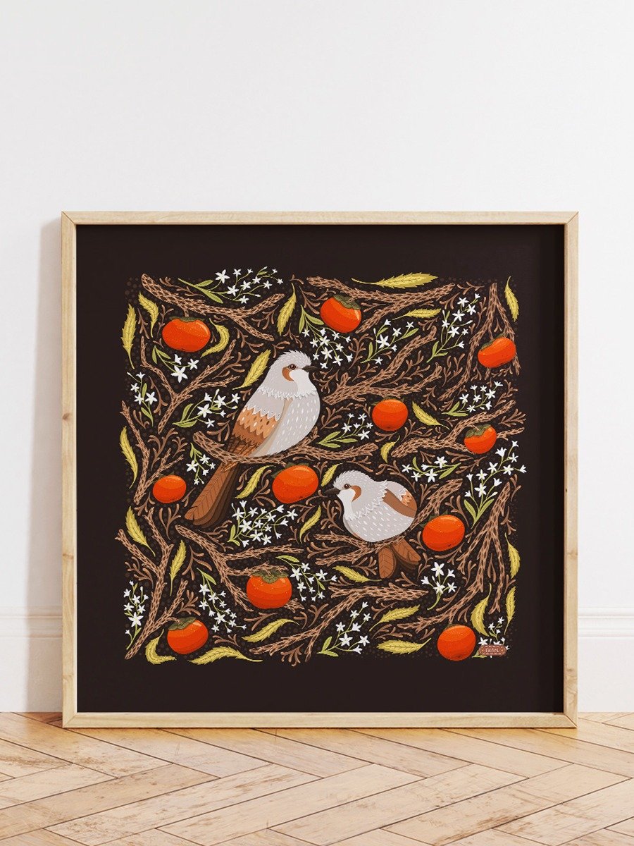 Brown Eared Bulbul & Persimmons - Bird Art Print product image (1)