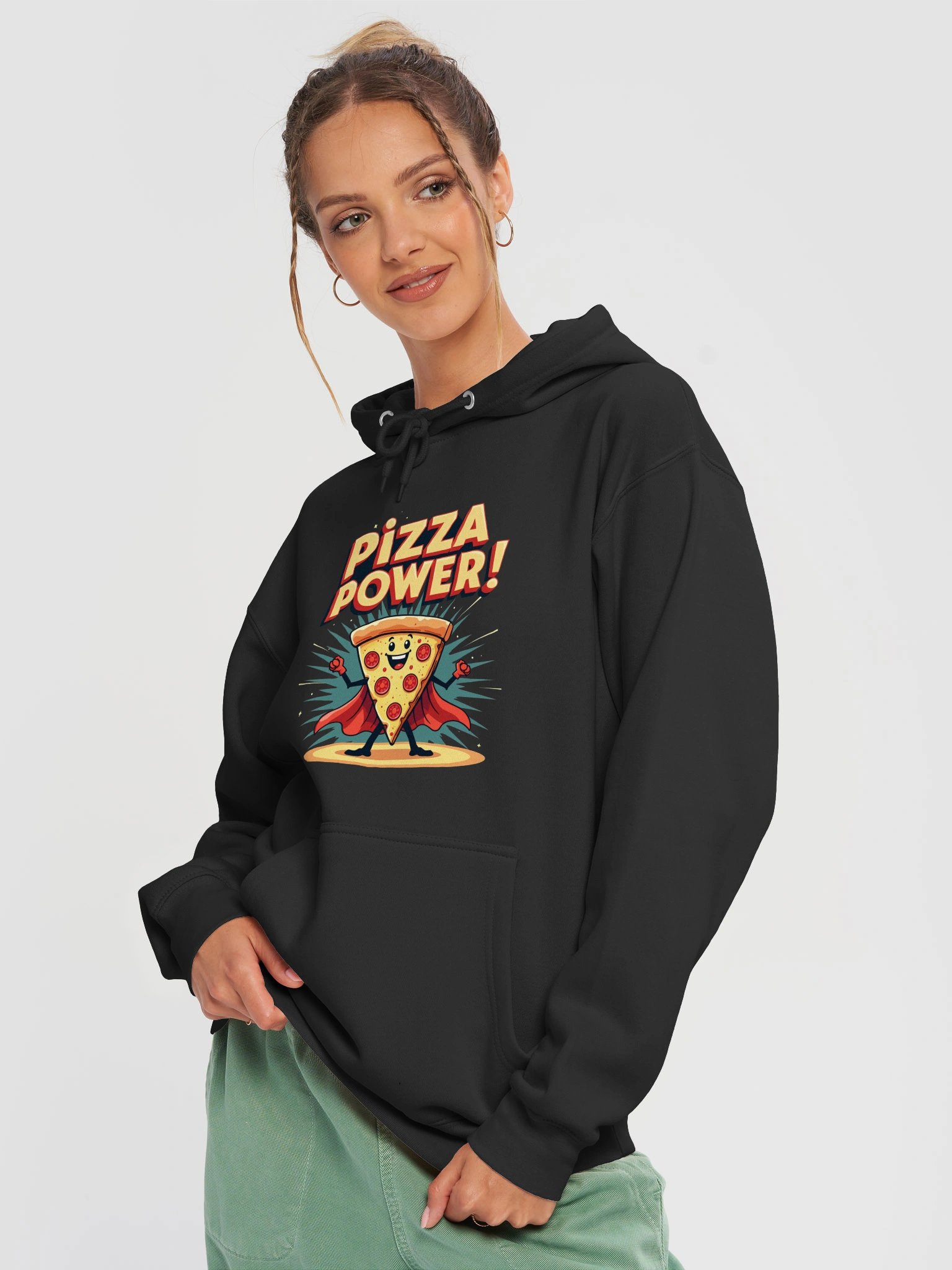 Pizza Power Hoodie | Superhero Food Lover Sweatshirt | Funny Pizza Slice Character Pullover product image (2)