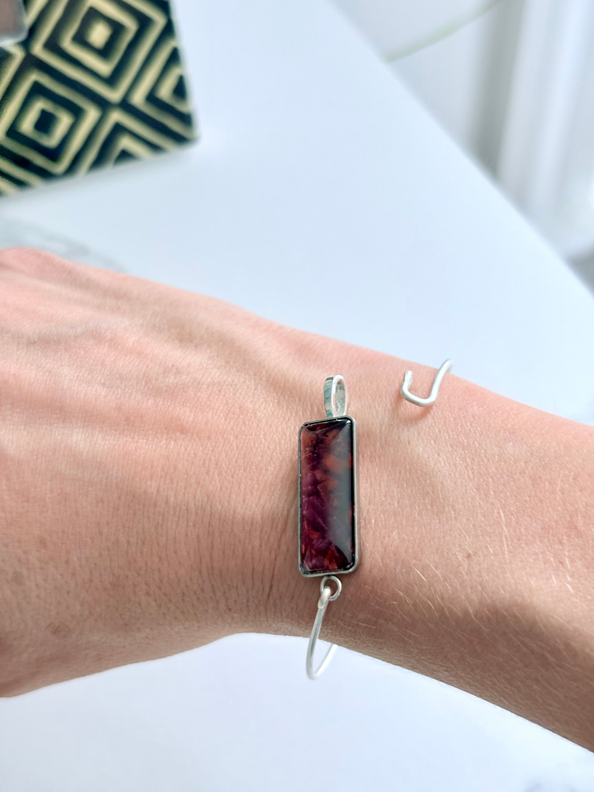 MFD-00178 | ⚡ Electric Tide Bangle | 7" Silver-Plated Wire Bracelet with Cranberry Bog Red Rectangle Charm | Handmade Coastal Charm Jewelry by Monique Faella Designs™ product image (2)