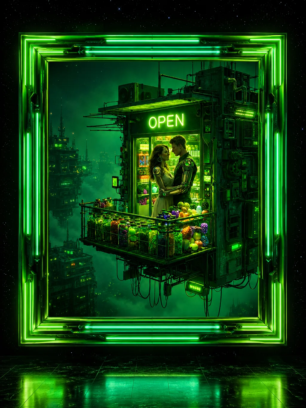 Cyberpunk Romance Wall Art | Neon Green Floating Store Poster | Sci Fi Couple Decor product image (1)