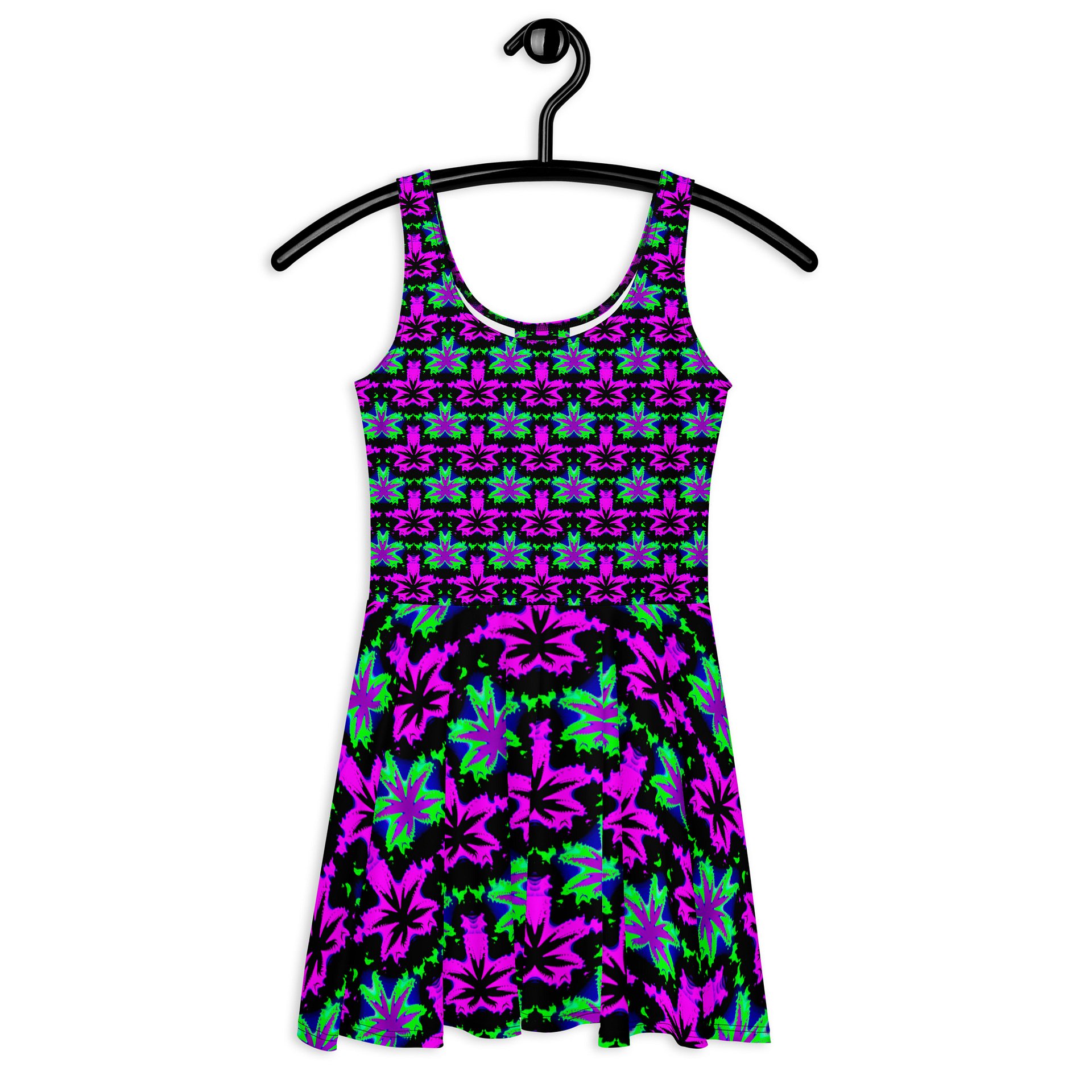 Weed Art Stoner Skater Dress, Neon Green Pink Purple Black Trippy Rave Cannabis Clothing, Pot Leaf Festival 420 Fashion product image (4)