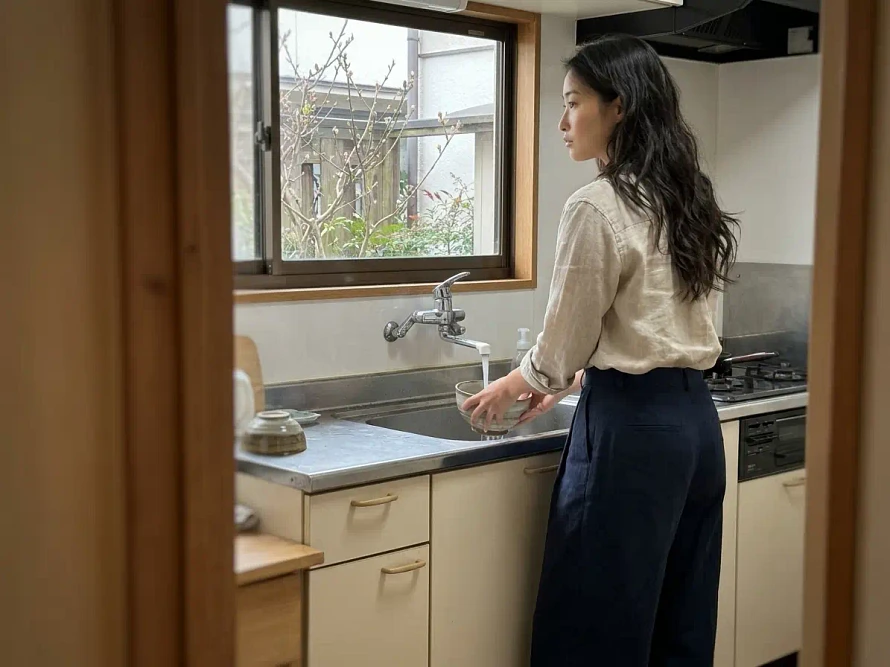 Woman washing bowl in kitchen