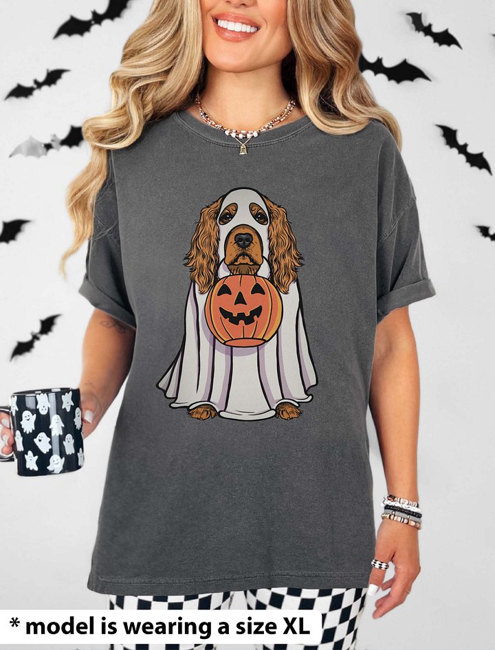 Funny Halloween Cocker Spaniel T-Shirt | Funny Cocker Spaniel Wearing a Ghost Costume and Holding a Pumpkin Basket product image (2)