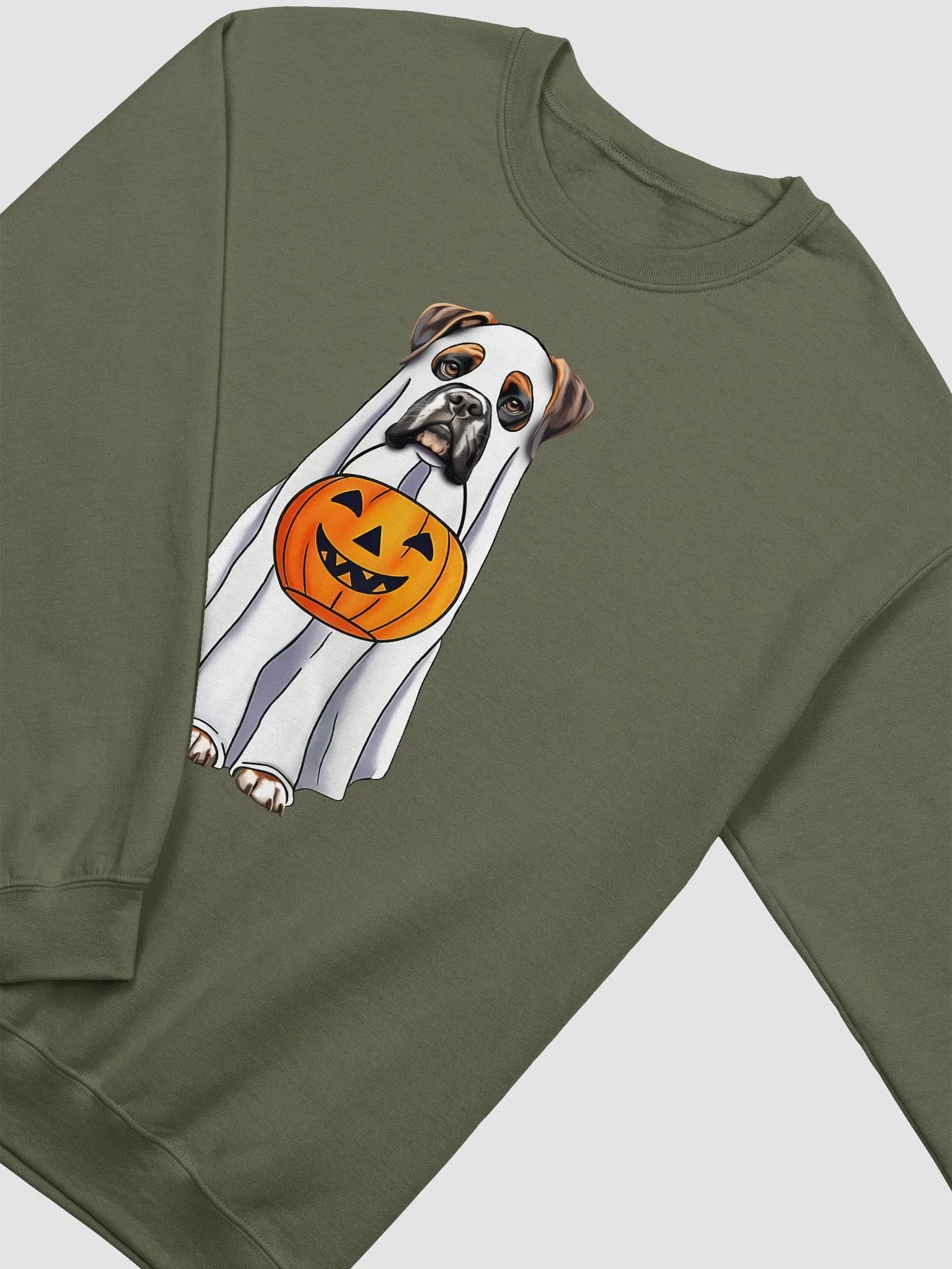 Boxer Dog Halloween Sweatshirt | Funny Fall and Halloween Boxer Wearing a Ghost Costume with Pumpkin Basket product image (4)
