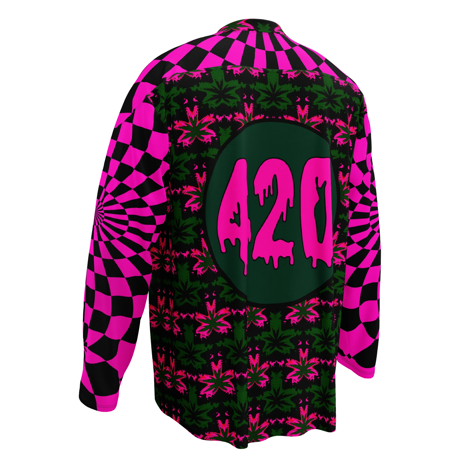 Trippy 420 Rave Hockey Jersey, Psychedelic Cannabis Festival Shirt, Neon Retro Stoner Fashion, Pot Leaf EDM Clothes, Pink Weed Checkers Top product image (4)