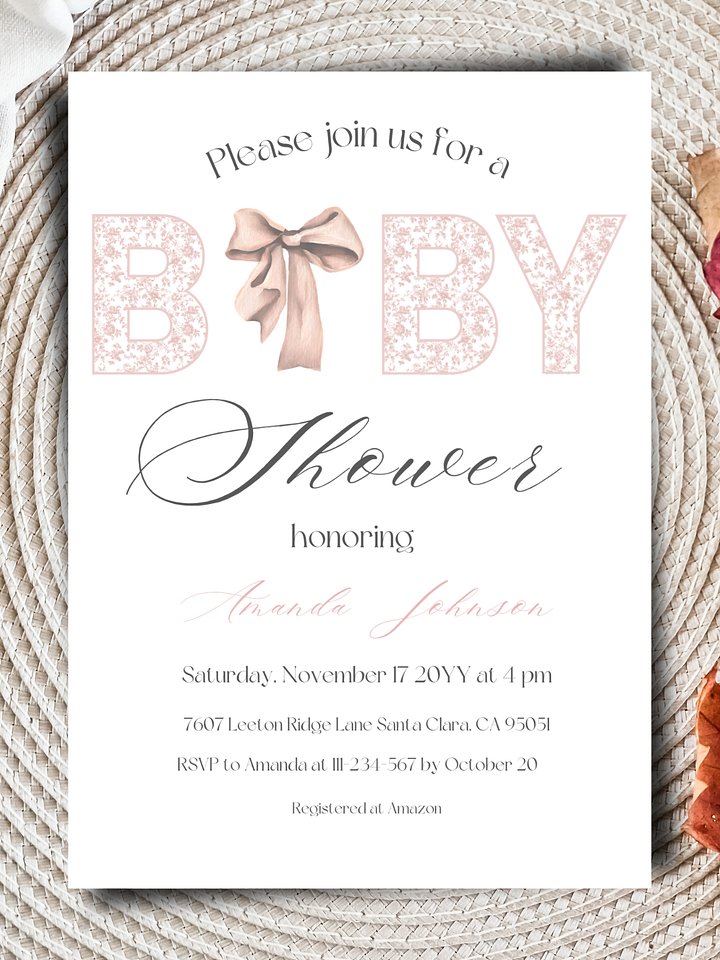 Minimalist Pink Bow Toile de Jouy Baby Shower Invitation, Chinoiserie Floral Themed Girl Baby Shower Invite for Digital Download product image (1)