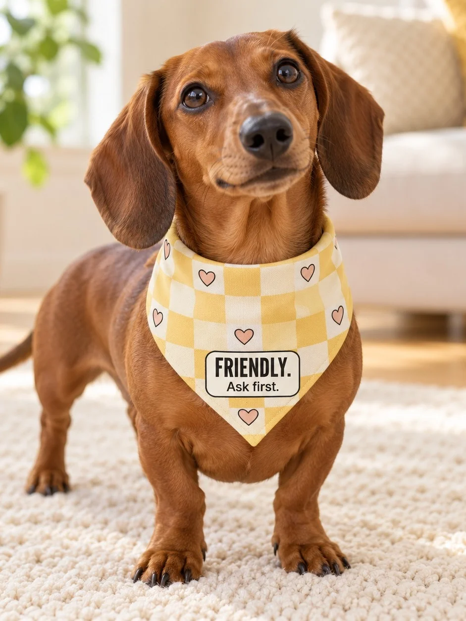Friendly, Ask First Dog Bandana (Butter Checker)