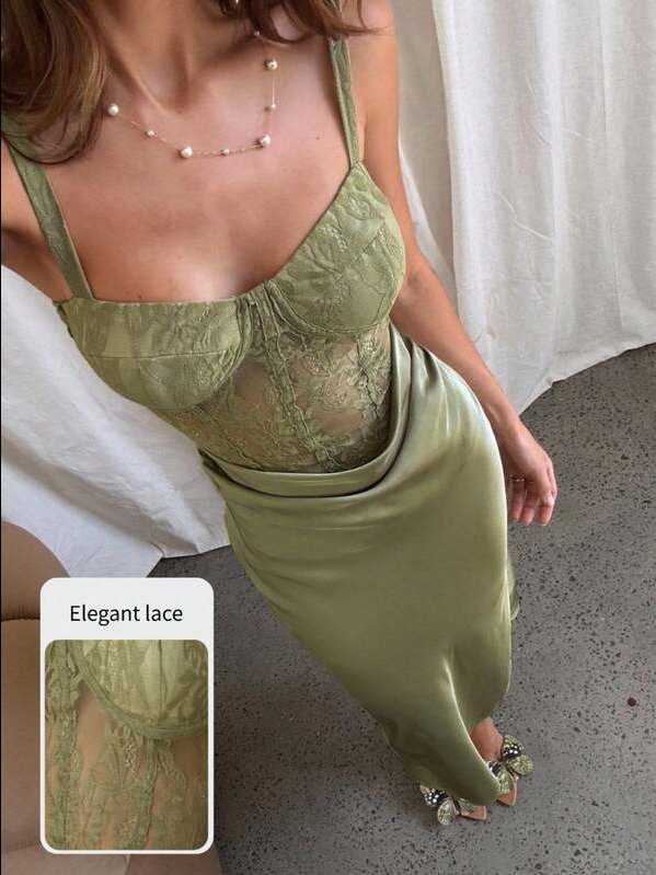 ADLEST Women's Olive Green Satin Lace Patchwork Dress, Party Dress, Date Dress, Autumn/Winter Bustier Dress Green Satin Dress Green Sexy Dress Built In Bra Dress Sage Dress product image (3)