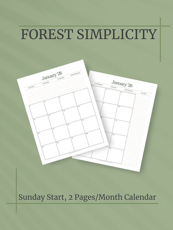 Forest Simplicity 2026 Calendar - 2 Pages per Month, Sunday Start, Letter Size product image (1)
