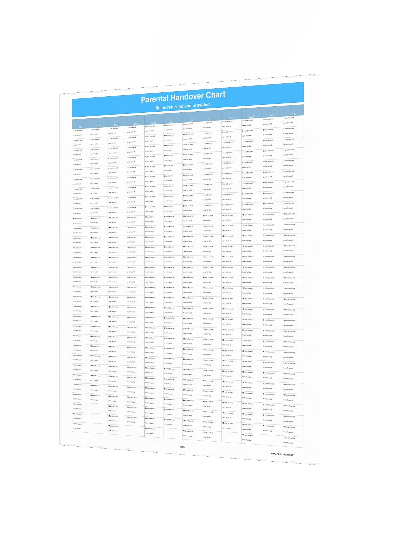 Parental Handover Chart ( 1 Year ) product image (3)