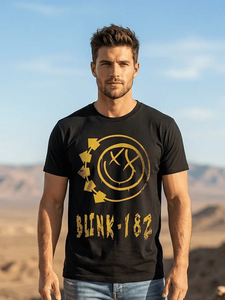 Blink-182 Smiley Face T-Shirt | Distressed Gold Logo Graphic Tee | Pop Punk Collector Band Shirt product image (1)
