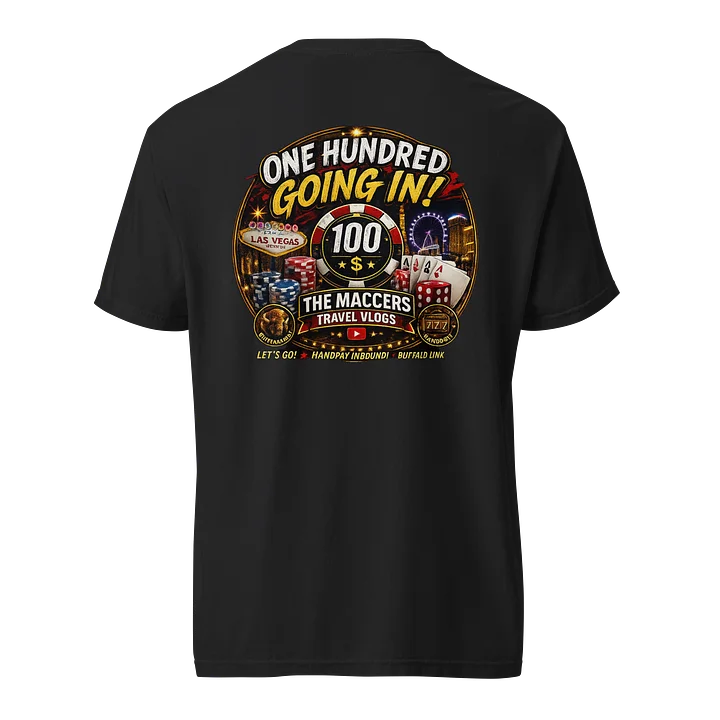Maccers Travel Vlogs “One hundred going in printed design” Black T-shirt product image (1)