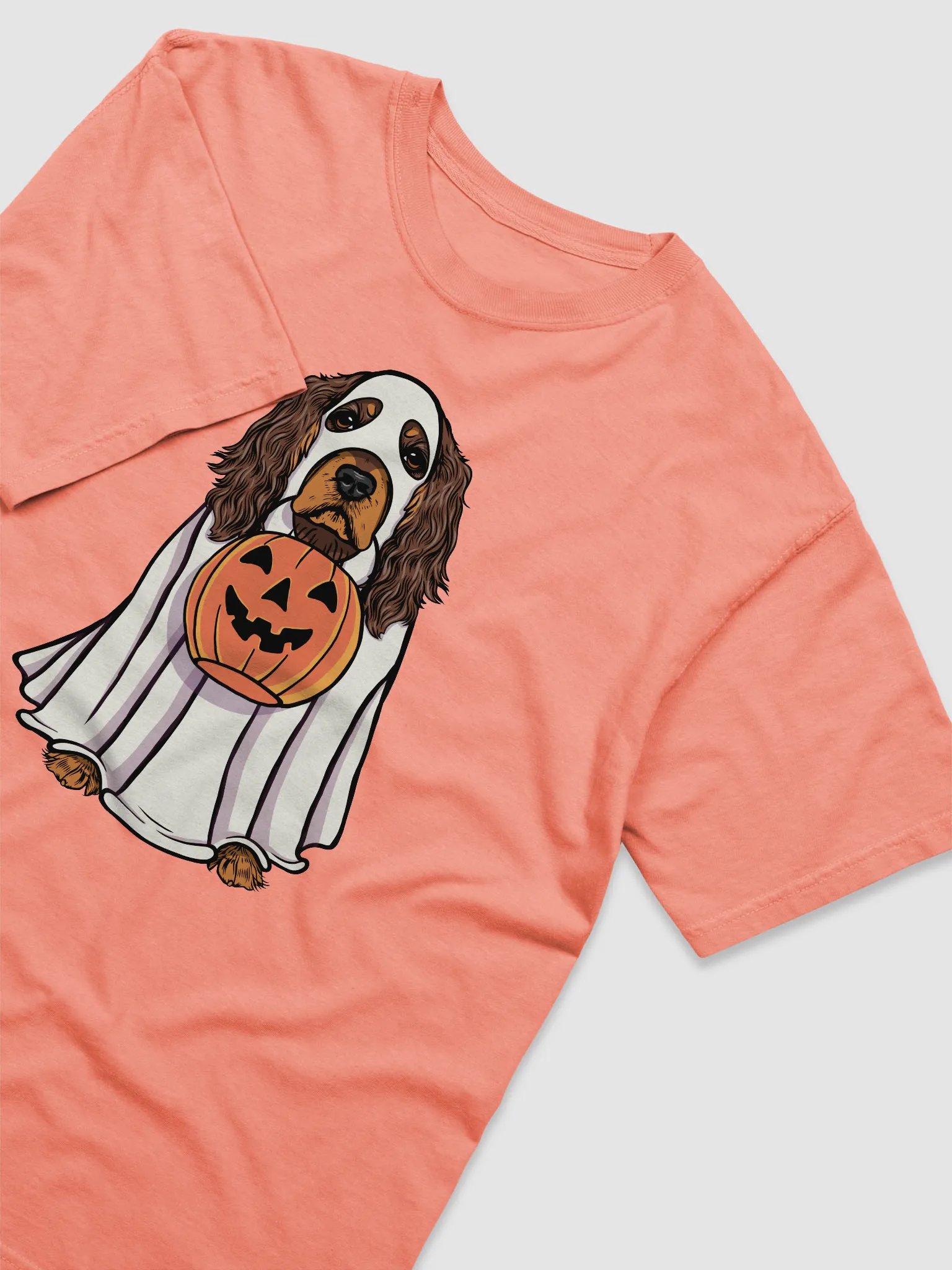 Funny Halloween Cocker Spaniel(Liver & Tan) T-Shirt | Funny Cocker Spaniel Wearing a Ghost Costume and Holding a Pumpkin Basket product image (6)