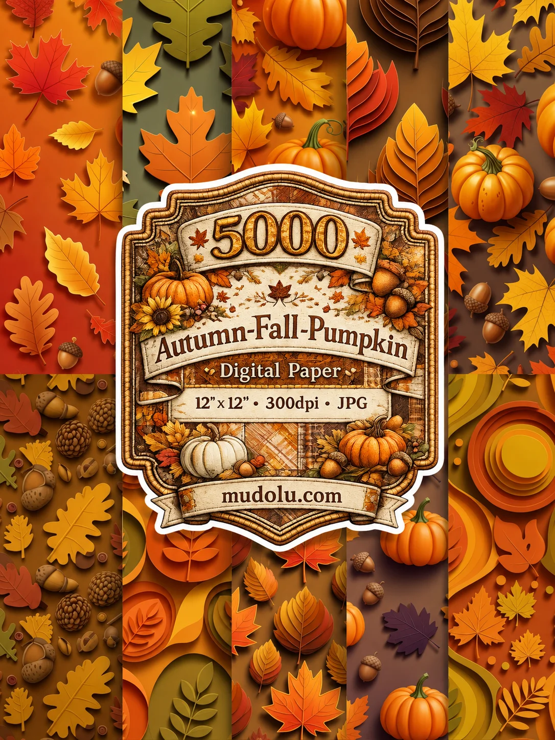 5000 Autumn Digital Paper Bundle, Fall Pumpkin Leaves Acorn Sunflower product image (5)