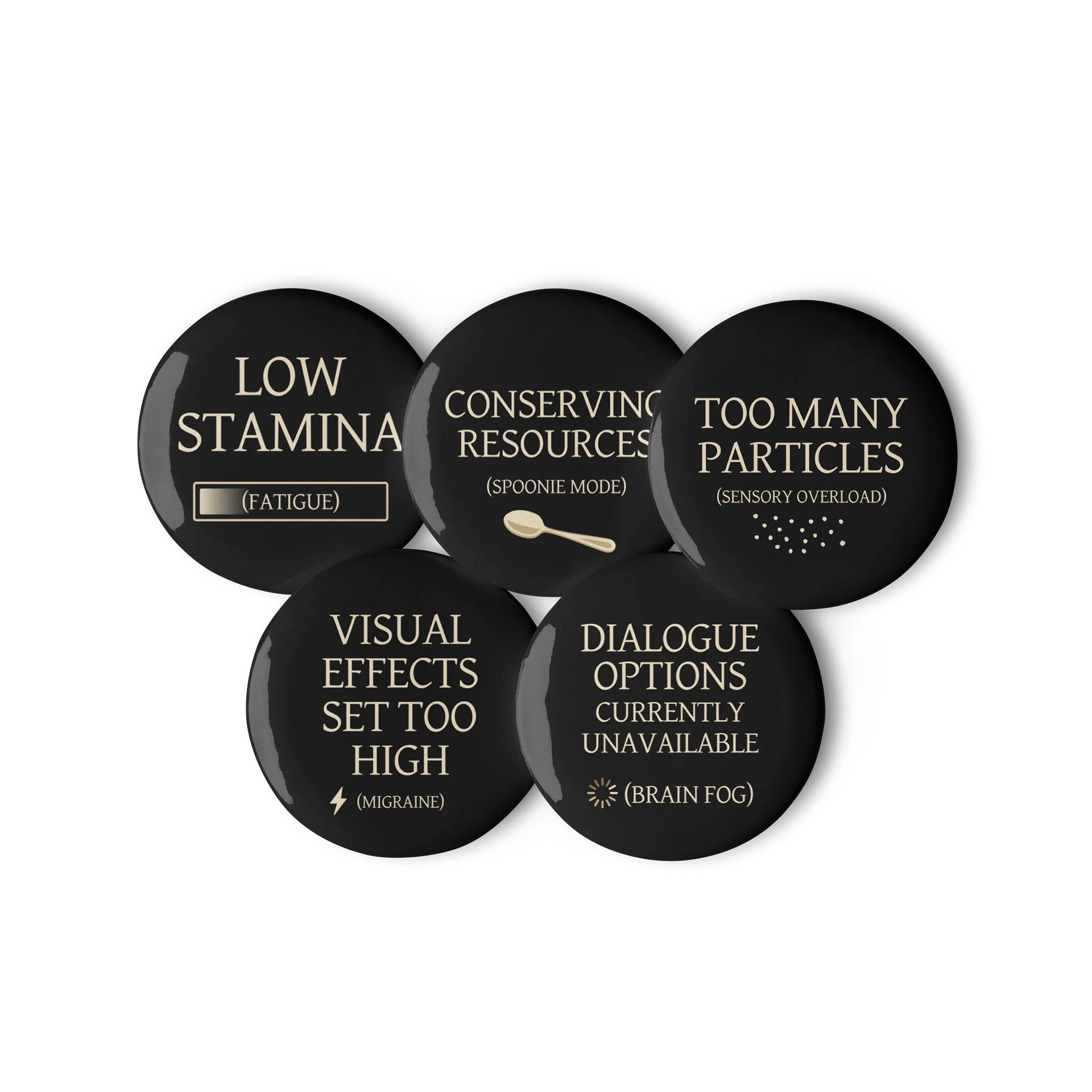 Spoonie Status Pin Set | Chronic Illness Communication Buttons Set of 5 product image (1)