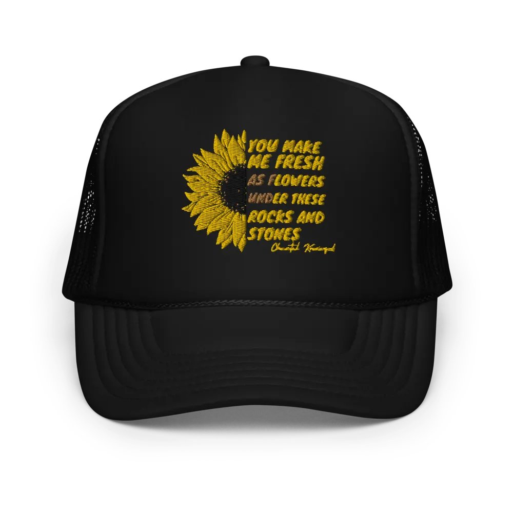 UNDER THESE ROCKS AND STONES SUNFLOWER EMBROIDERED TRUCKER HAT product image (1)