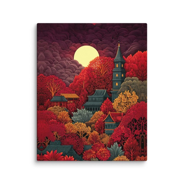 Canvas Print - 'Autumn Sanctuary: Pagoda Under the Crimson Moon' product image (1)