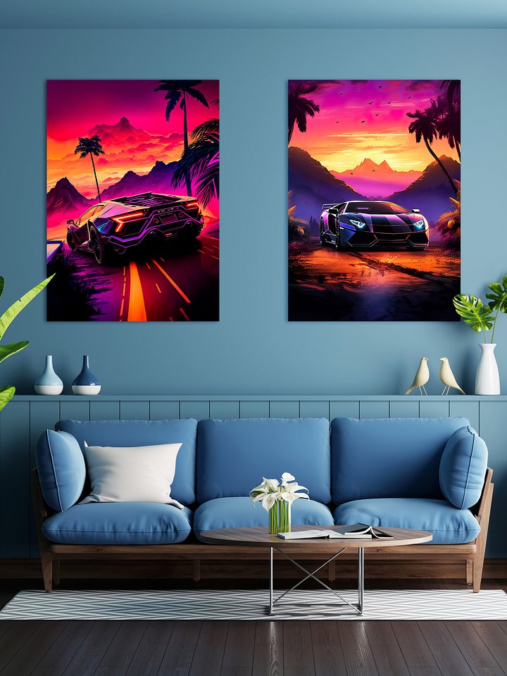 Synthwave aesthetic sport car Lamborghini with palms [synthwave/vaporwave/cyberpunk] — aesthetic art print product image (2)