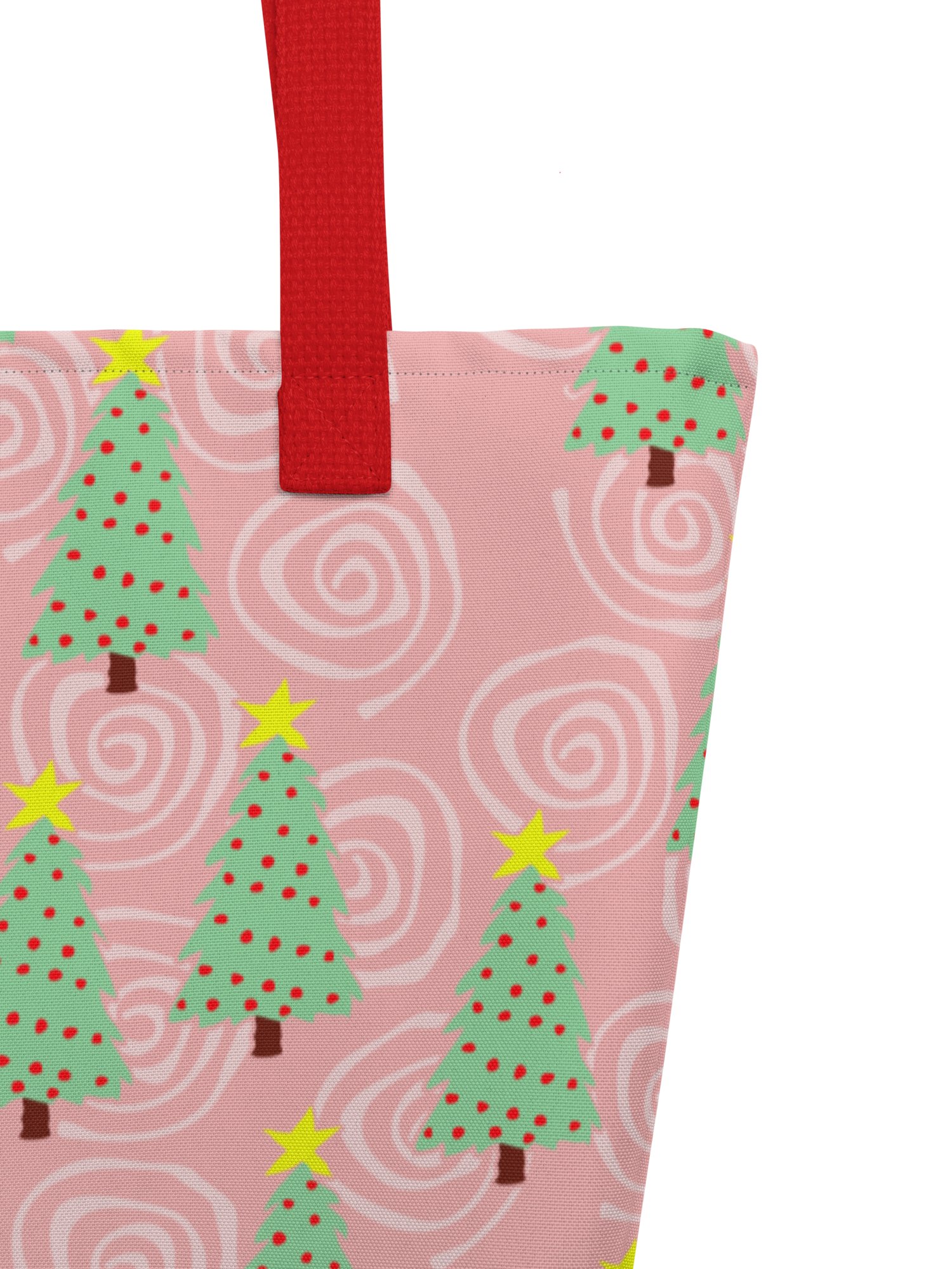 Green Christmas Trees on Christmas Pink with Swirls – Large Tote Bag product image (5)