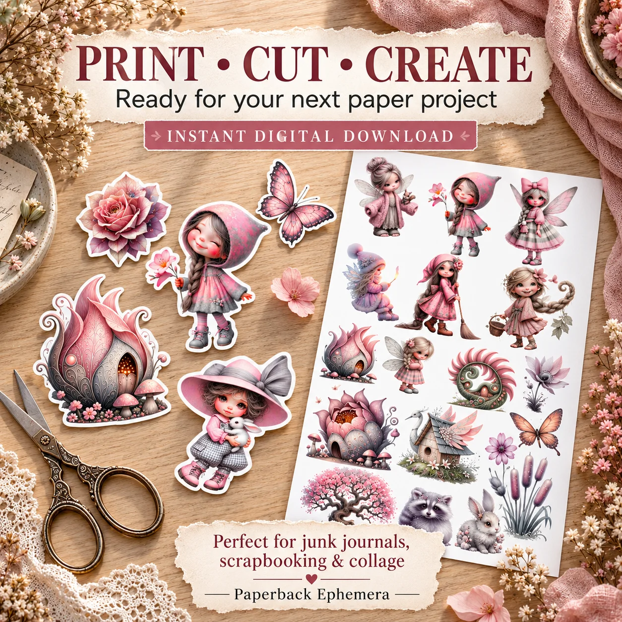 Whimsical Fairy Lover Ephemera Book Collage – Pink Fairy Printable PDF for Junk Journals product image (4)