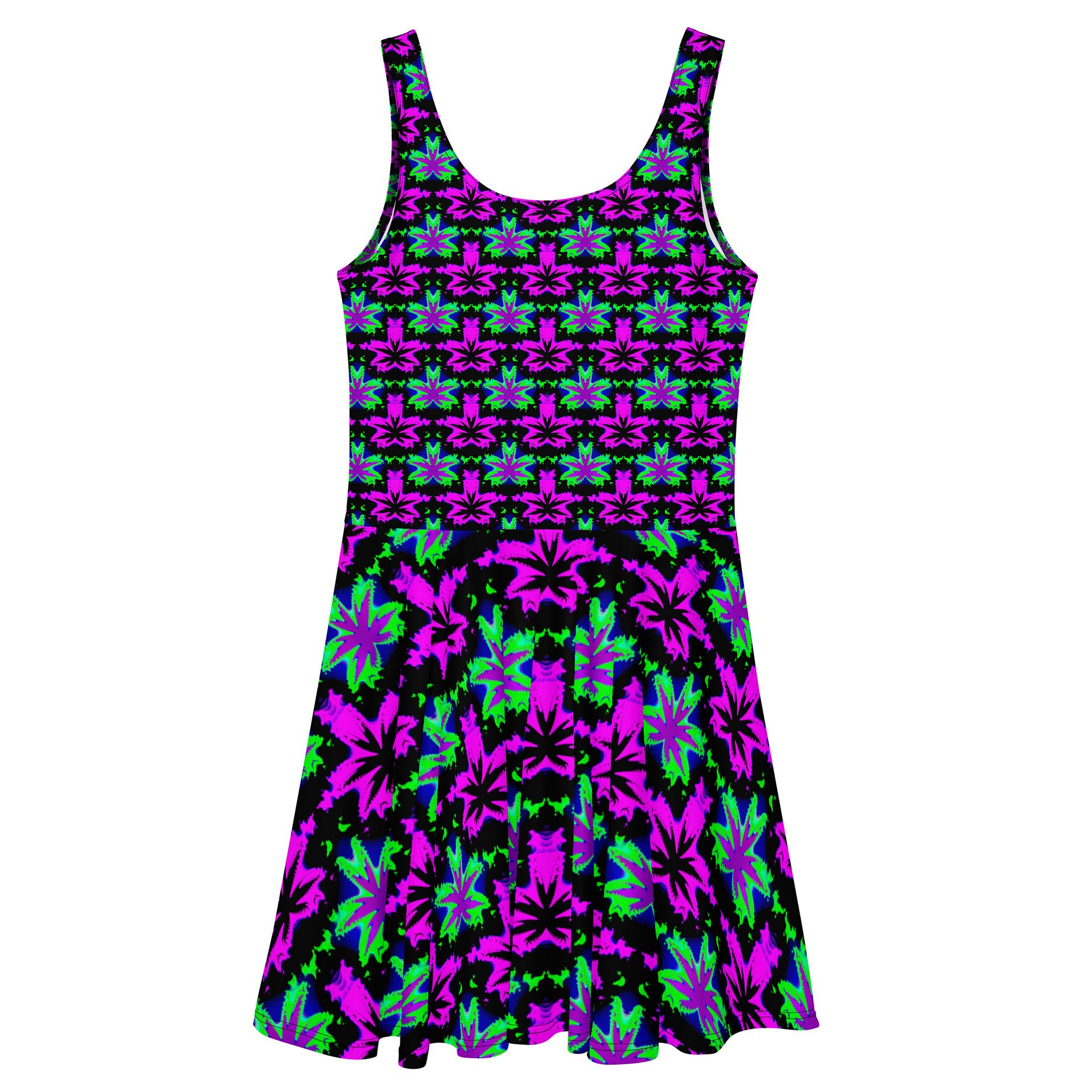 Weed Art Stoner Skater Dress, Neon Green Pink Purple Black Trippy Rave Cannabis Clothing, Pot Leaf Festival 420 Fashion product image (3)