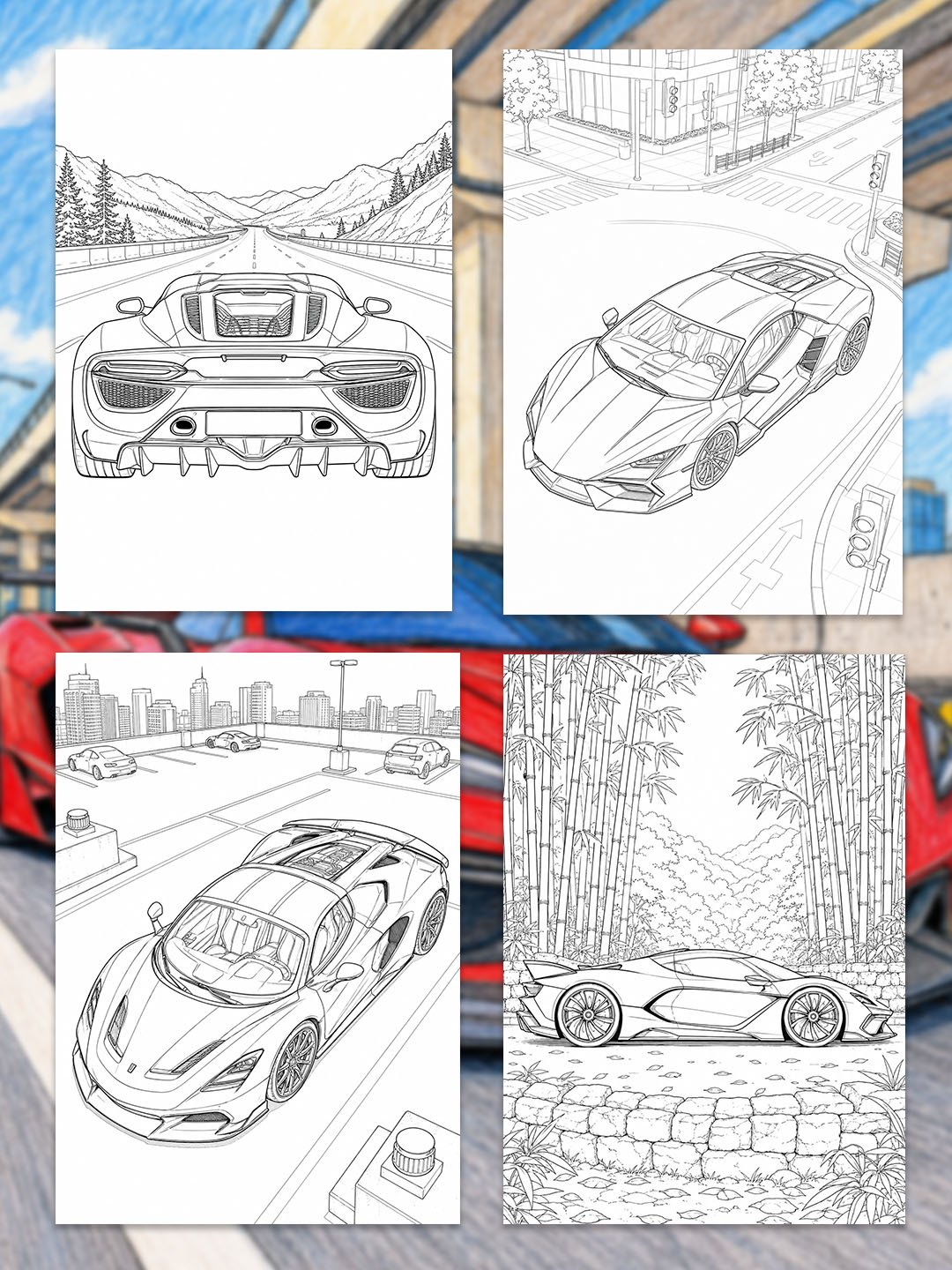 Supercar Coloring Pages Printable | 20 Exotic Sports Car Designs | A3 Automotive Coloring Book PDF for Adults product image (2)