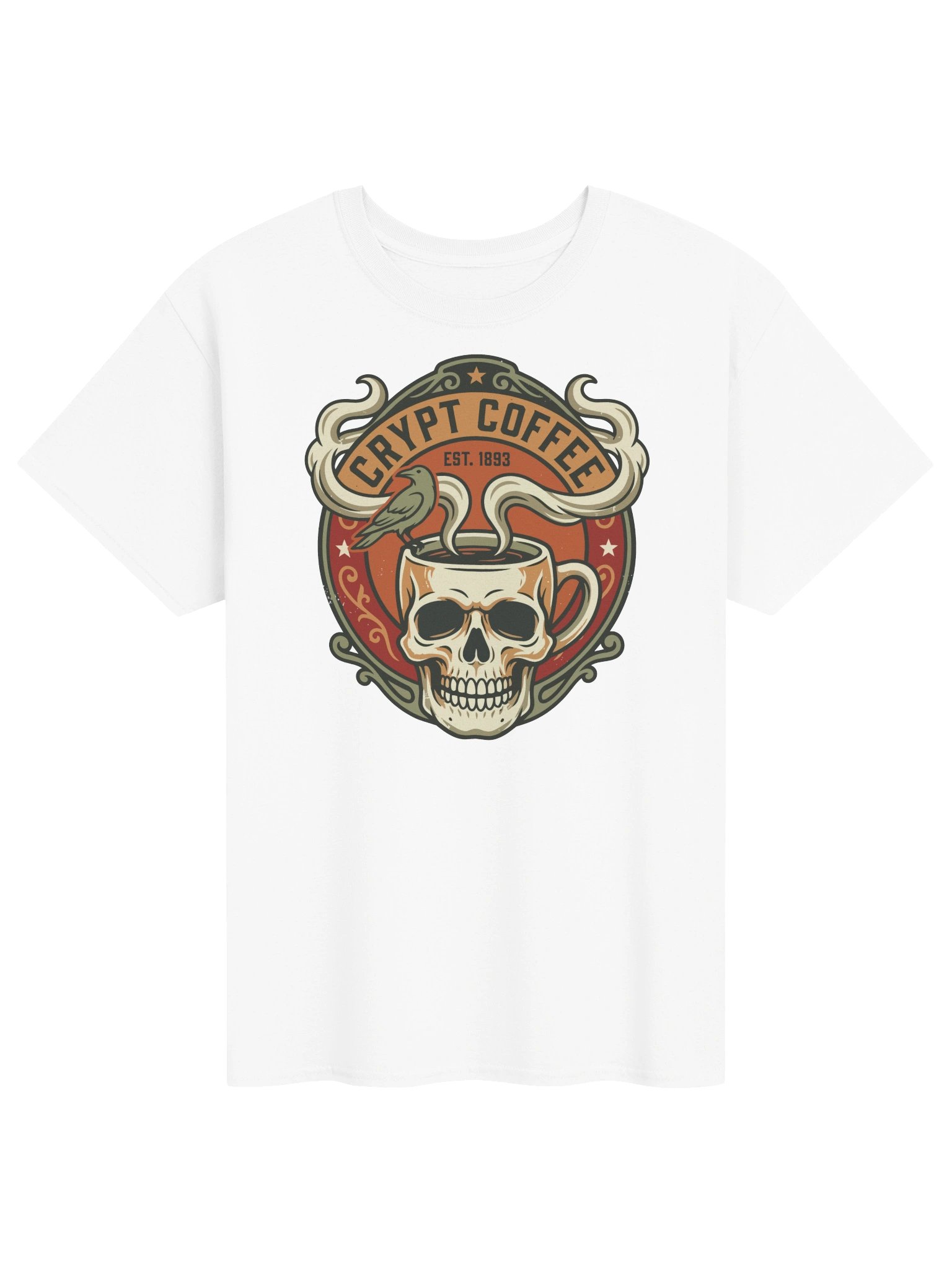 Crypt Coffee – Vintage Horror Badge T-Shirt product image (1)