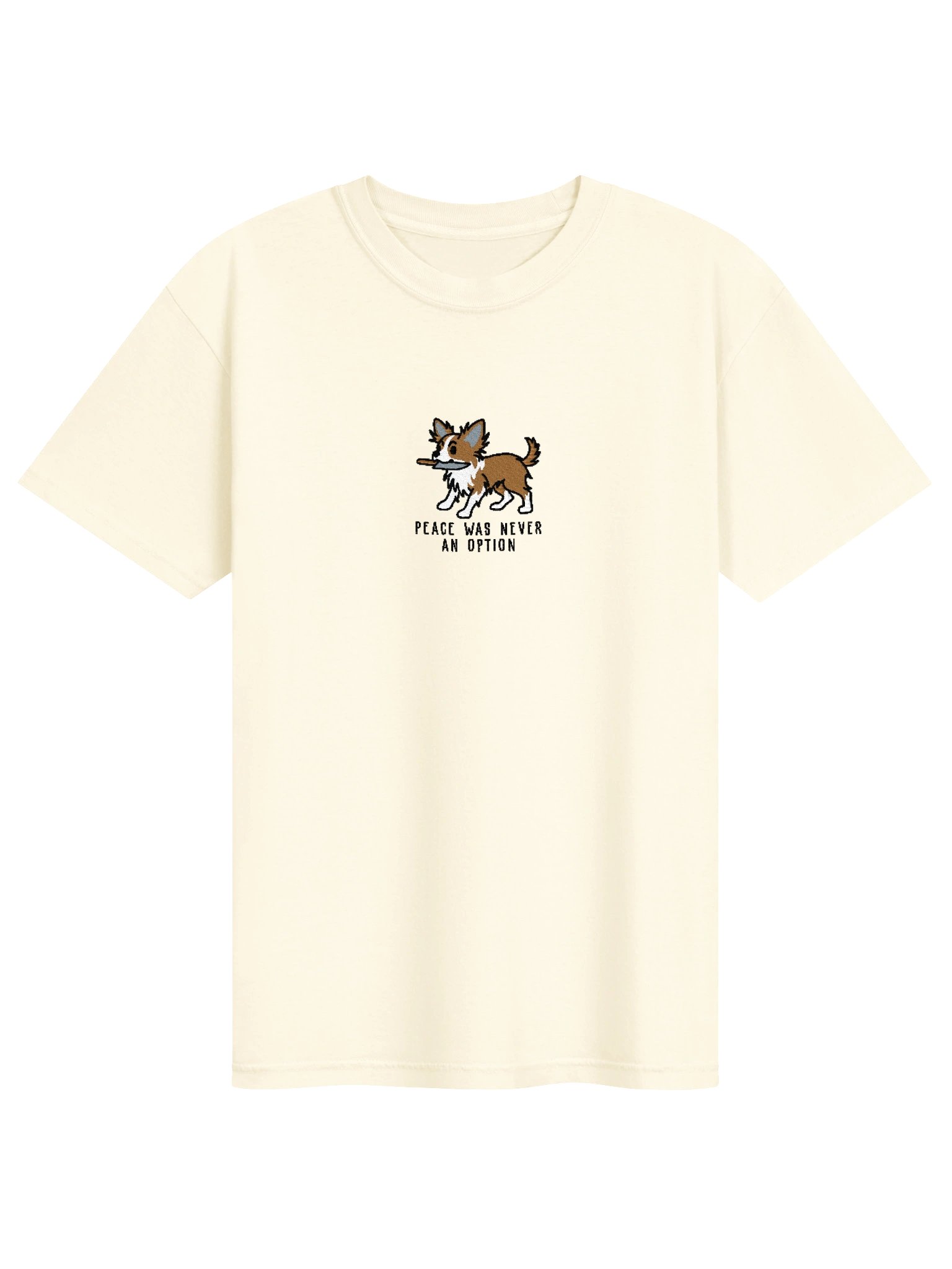 Peace Was Never an Option Funny Chibi-Style Embroidered T-Shirt for Longhaired Chihuahua(Tan & White) Owners product image (109)