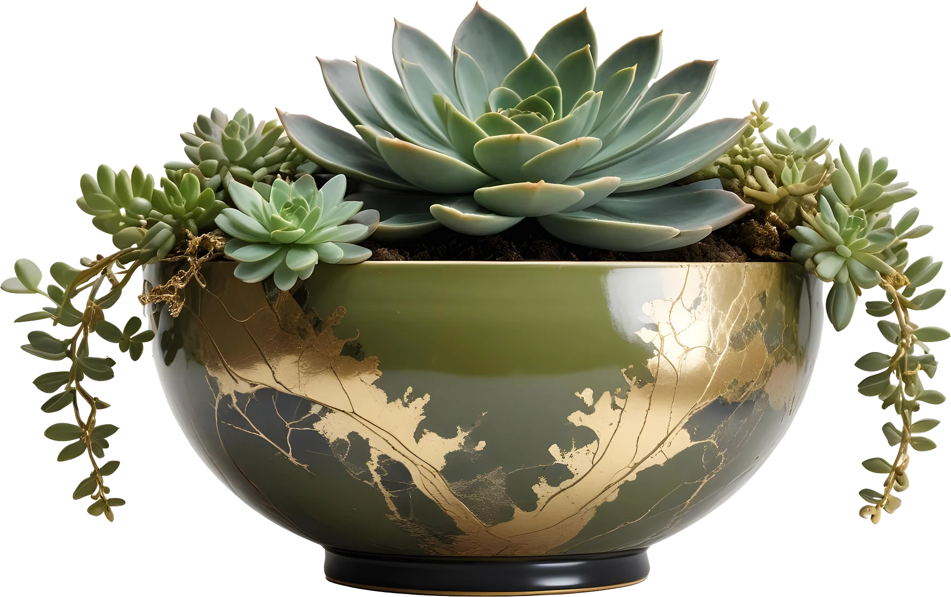 Kintsugi Harmony – Olive Green Planter with Succulents PNG product image (1)
