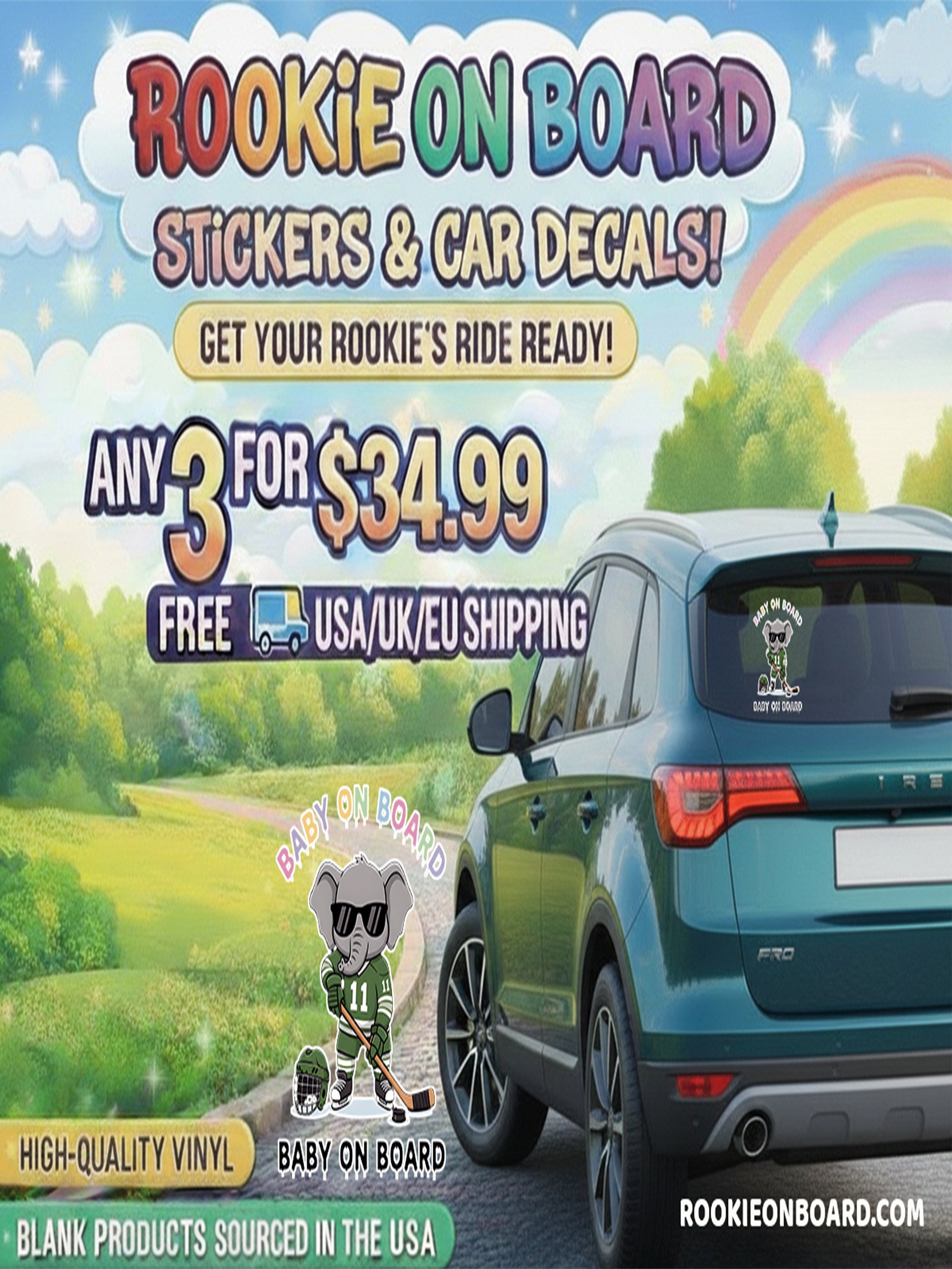 Funny Elephant Hockey Baby on Board Sticker - 5x5 Weatherproof Vinyl Car Decal - Premium Sporty Elephant Hockey Gift product image (2)