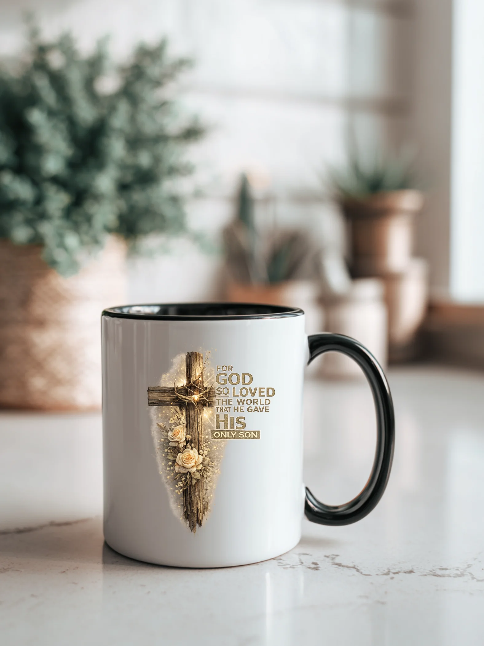 For God So Loved the World That He Gave His Only Son Christian Coffee Mug | John 3:16 Wooden Cross Scripture Mug | Kingdom Life Co. product image (1)