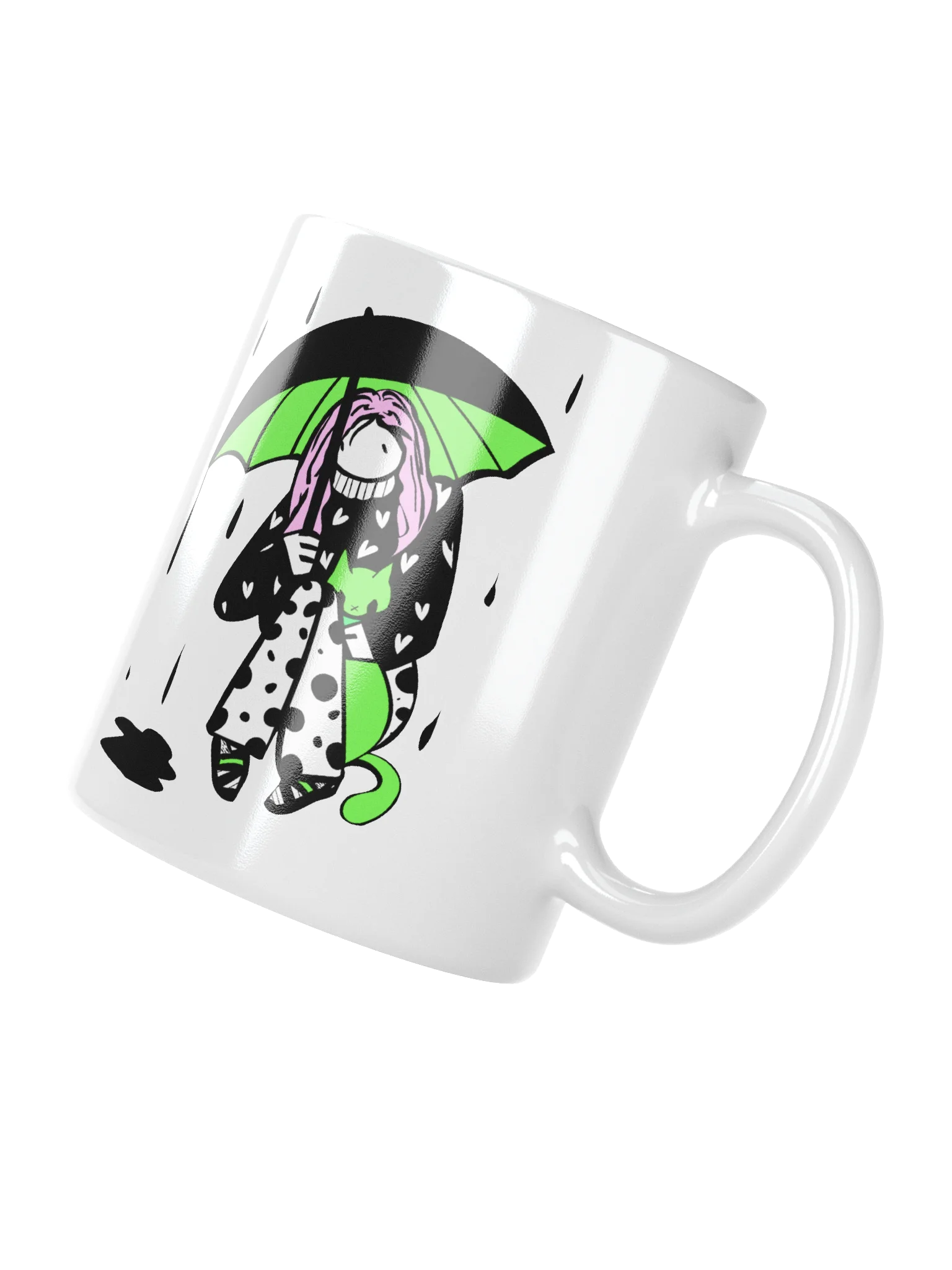 Mug: Girl with cat in rain series: green, pink, black and white product image (3)