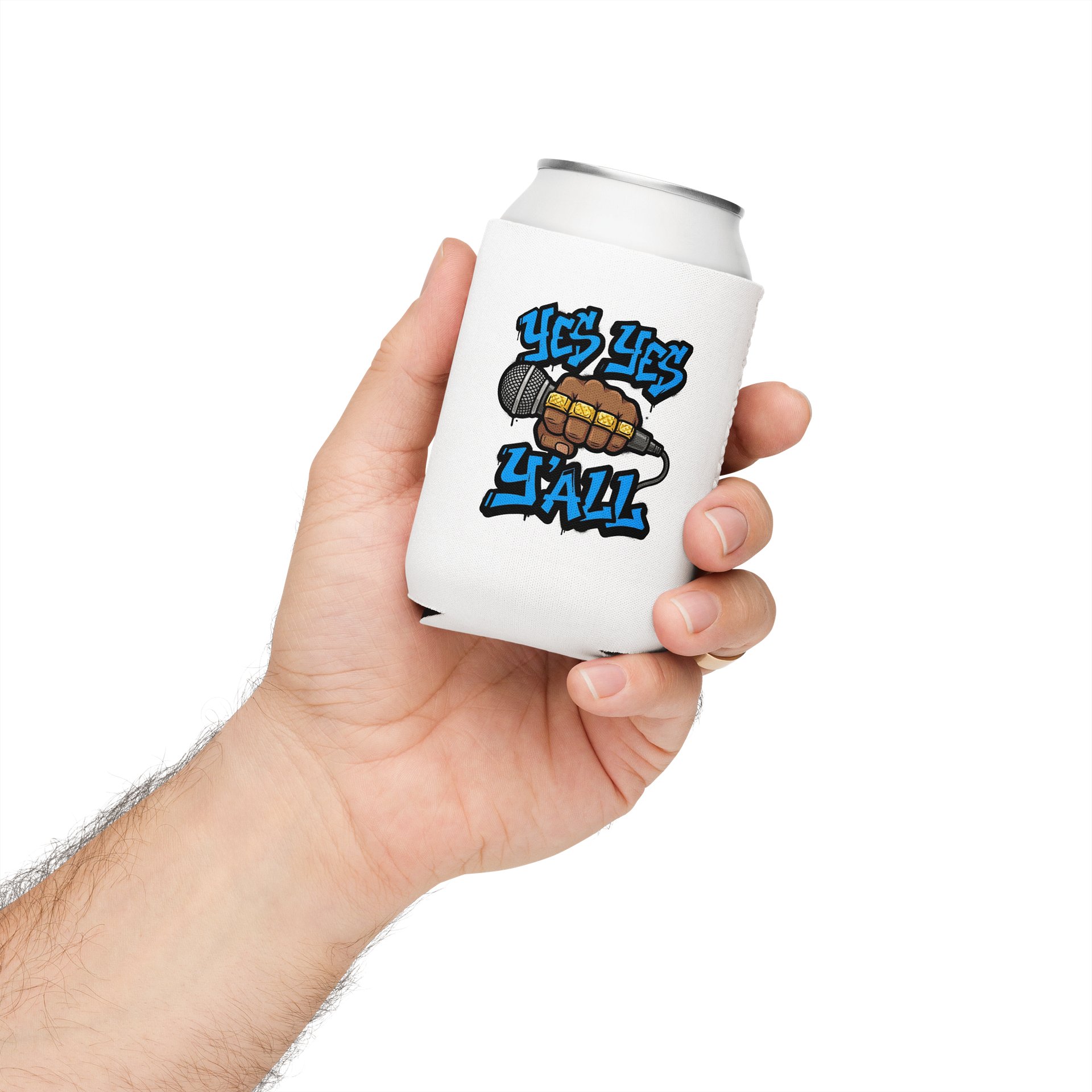 Yes Yes Y’all Hip Hop Can Cooler – White with Microphone Graffiti Graphic product image (3)