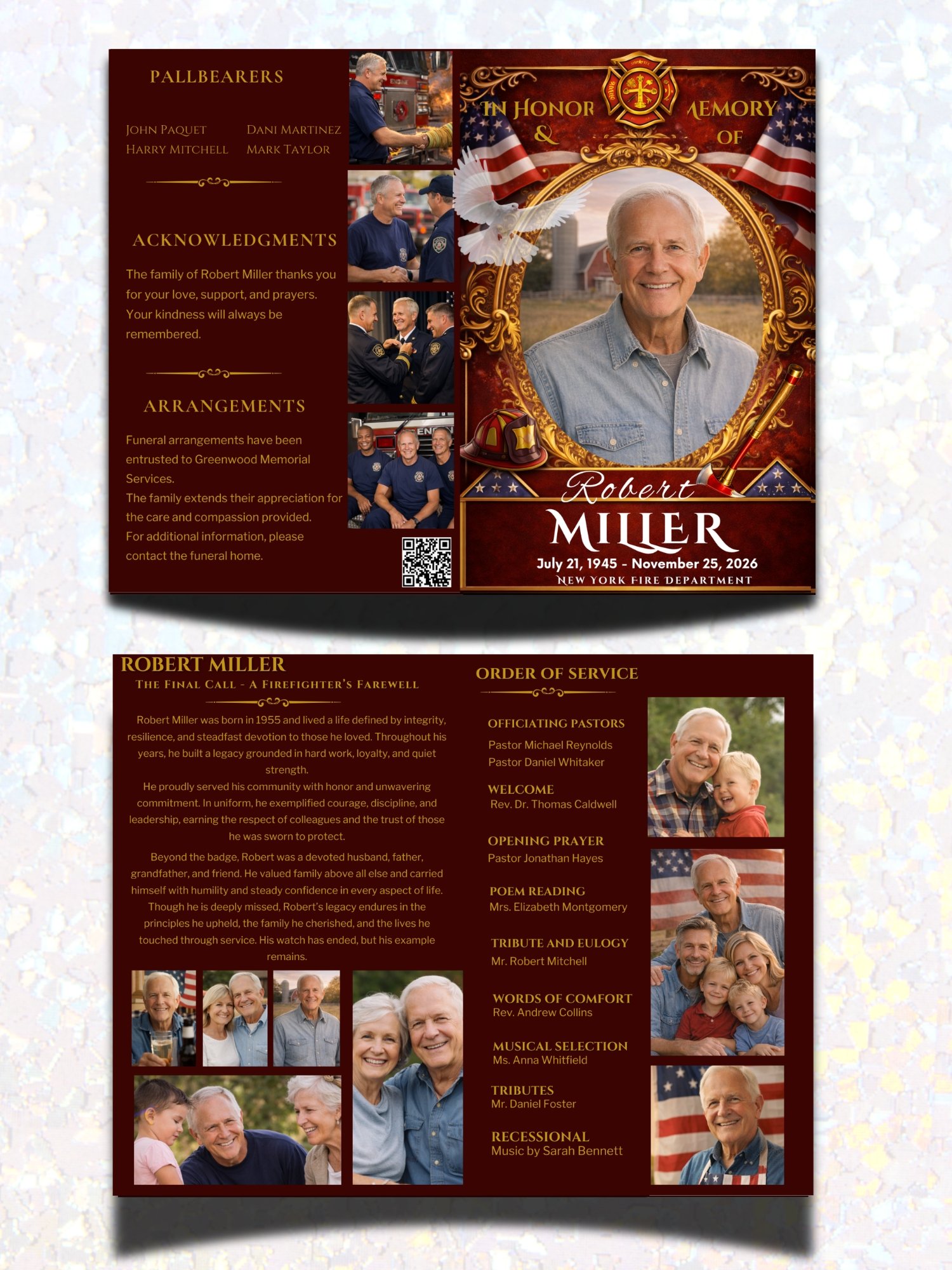 Firefighter Funeral Program Template | 4 Page Bifold Memorial | Thin Red Line Fire Dept Tribute | Editable Star of Florian Design product image (2)