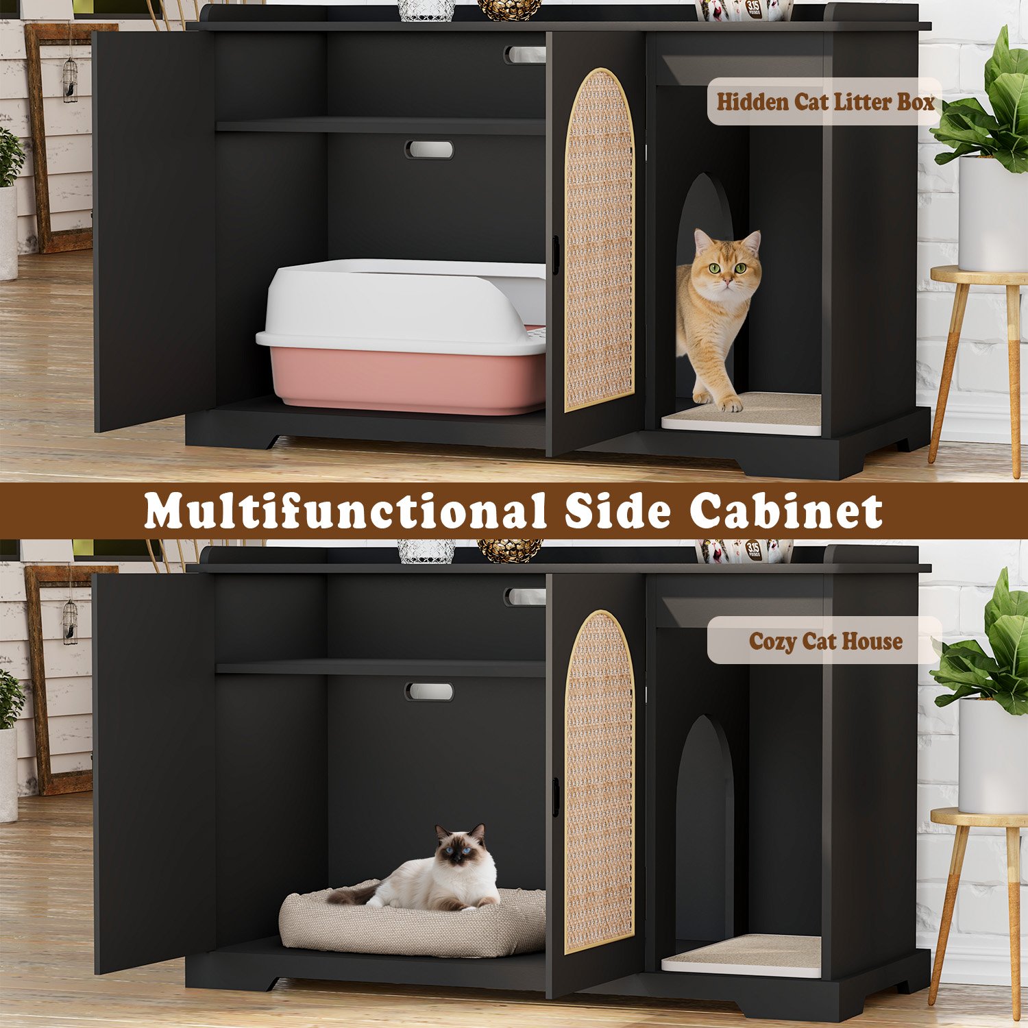 Black Hidden Cat Litter Box Furniture Indoor Wooden Cat Litter Box Enclosure with Double Movable Doors and Divider for Living Room Washroom product image (6)
