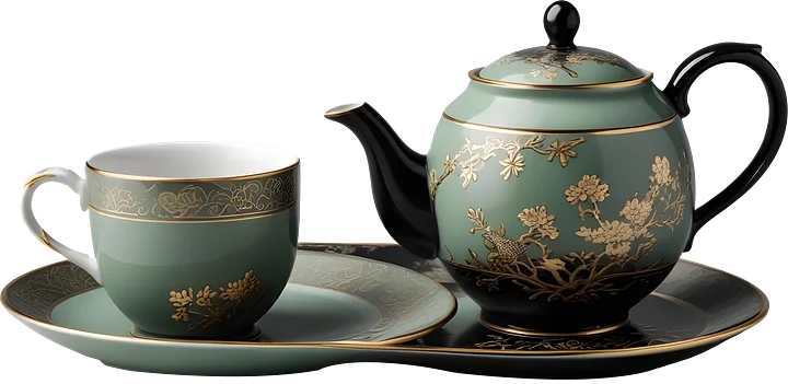 Mint Green and Black Chinese Tea Set with Gold Floral Accents PNG product image (1)