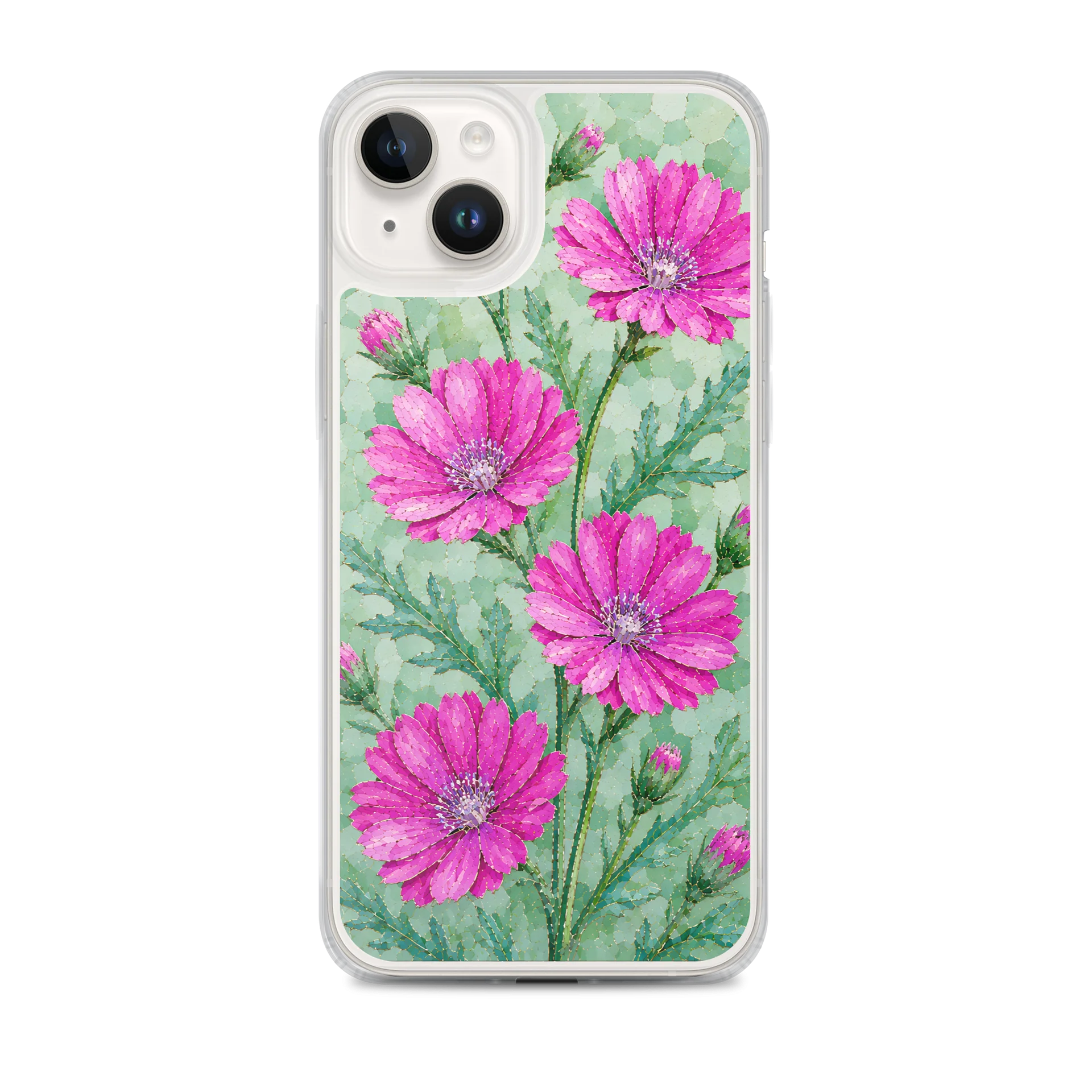 Fuchsia Pink And Mint Green Wild Chicory Mosaic Premium Soft Silicone iPhone Case - MagSafe Compatible product image (1)