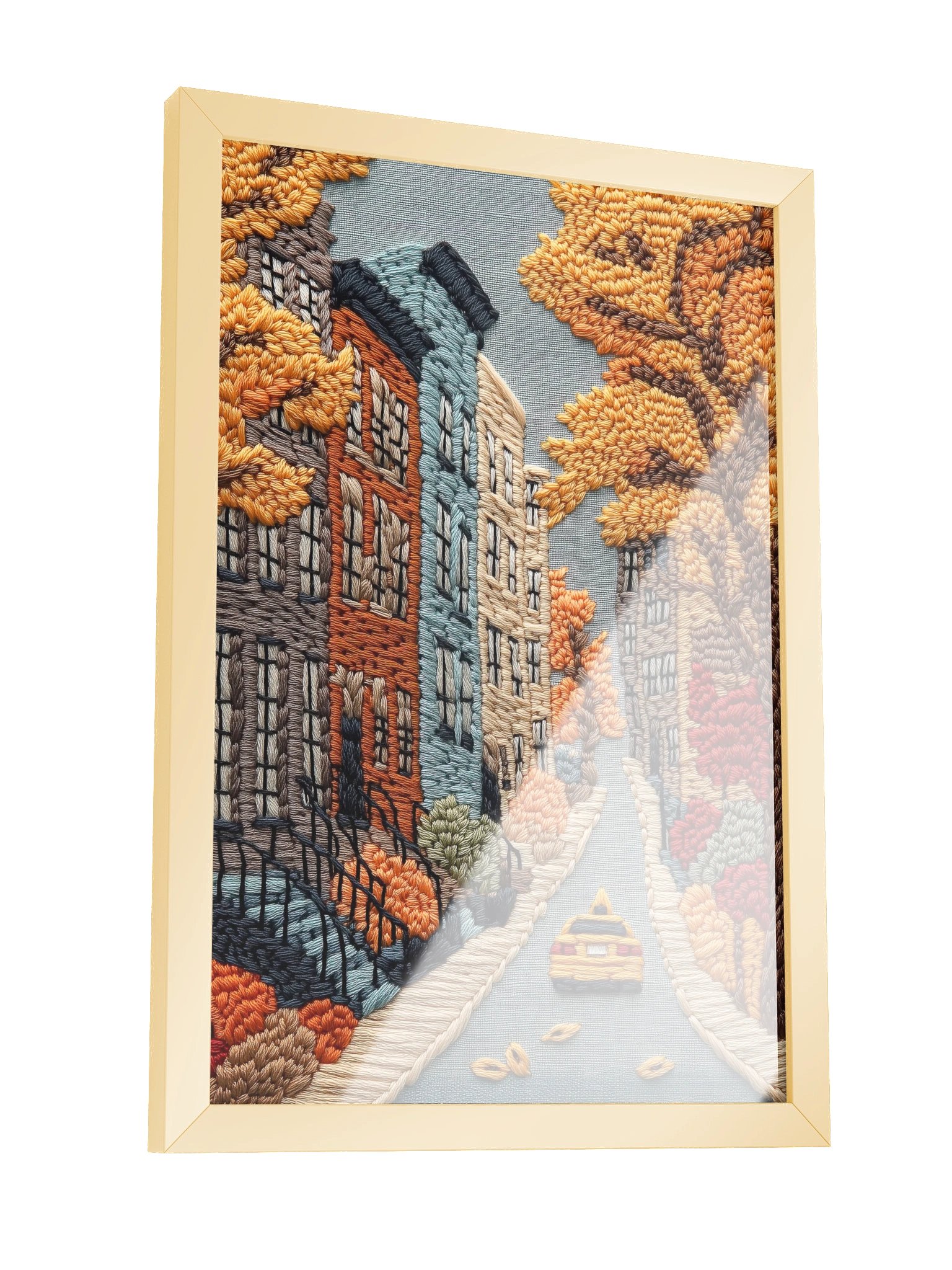 A Yellow Cab Through Autumn | Embroidery-Style Wall Art — Framed Print product image (7)