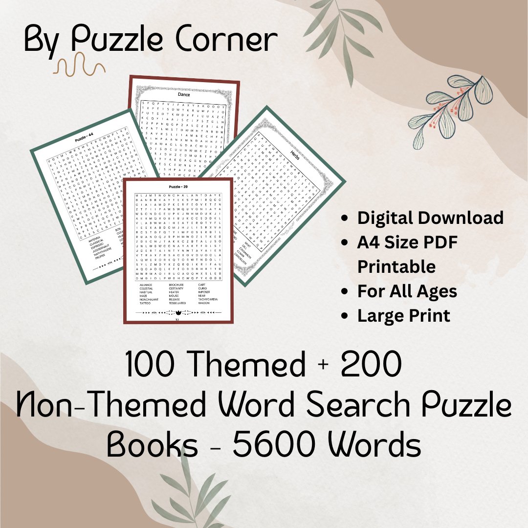 300 Word Search Puzzles with Solutions - 5600 Words Printable (Digital Product) by Puzzle Corner product image (1)