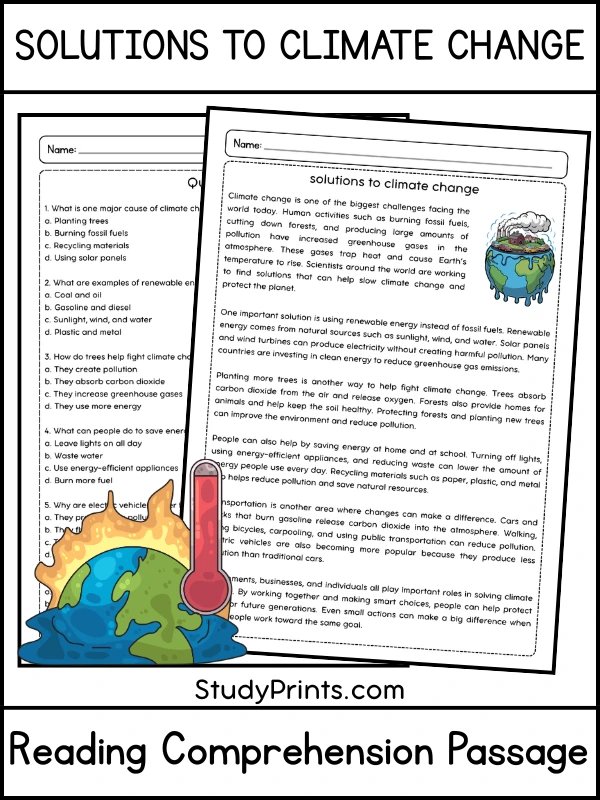 Solutions to Climate Change Reading Comprehension Passage and Questions | Printable PDF product image (1)